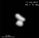 Jádro komety 67P/Čurjumov-Gerasimenko 11.7.2014 ze sondy Rosetta Autor: ESA / Rosetta / MPS for OSIRIS Team MPS / UPD / LAM / IAA / SSO / INTA / UPM / DASP / IDA